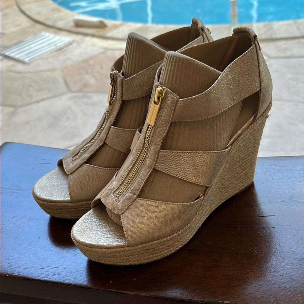 Gold Wedge Sandals with Front Zipper and High Heel